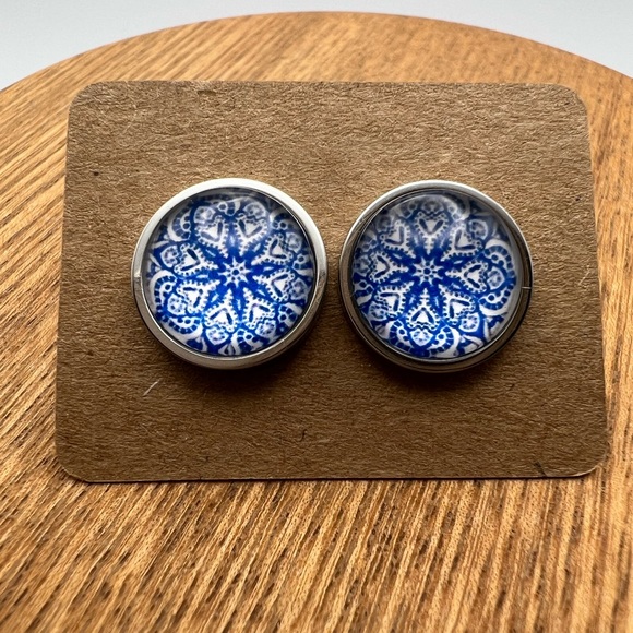 Classic Silver & Blue Stud Earrings - Stylish Blue Trendy Small Earrings - Picture 12 of 13